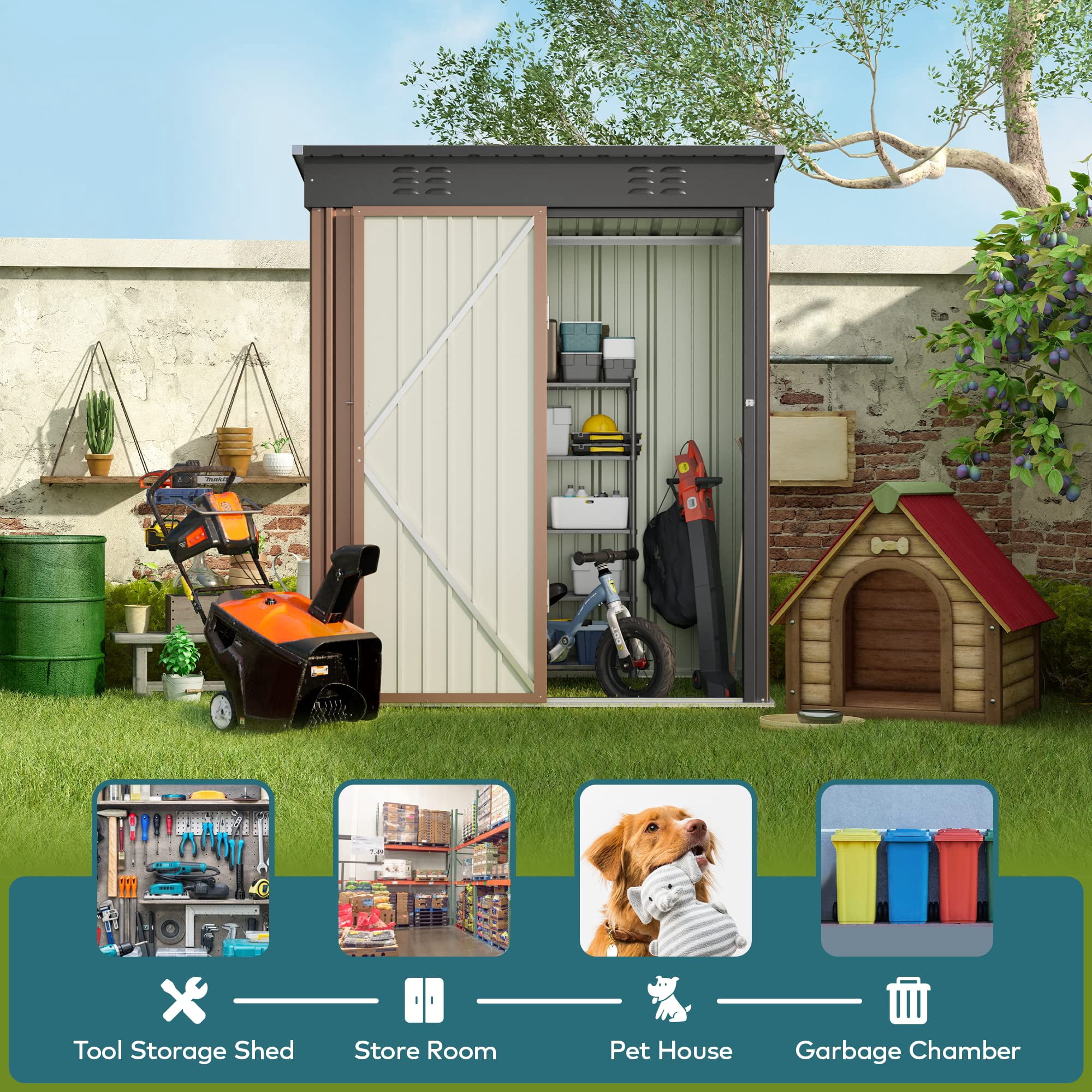 5x3 ft Outdoor Storage Shed, Metal Garden Tool Shed with Lockable Doors, for Outsides,Yard, Backyard Patio, Lawn - Brown