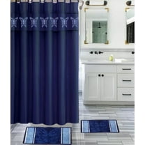 15-PC Butterfly Navy High Quality Jacquard Bathroom Bath Mat Set, Washable Anti Slip Large Rug 18"x30", Small Rug 18"x24" with Non-Skid Rubber Back, Shower Curtain and 12 Round Shower Hooks