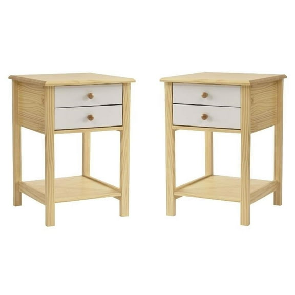 Home Square Solid Pine Wood 2 Drawer Nightstand in White & Natural - Set of 2