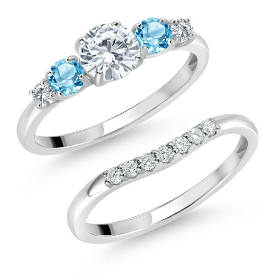 Gem Stone King 10K White Gold White Lab Grown Diamond and Swiss Blue Topaz 5-Stone Bridal Engagement Wedding Ring Set for Women | 0.91 Cttw | Round: 5MM and 3MM | Size 9