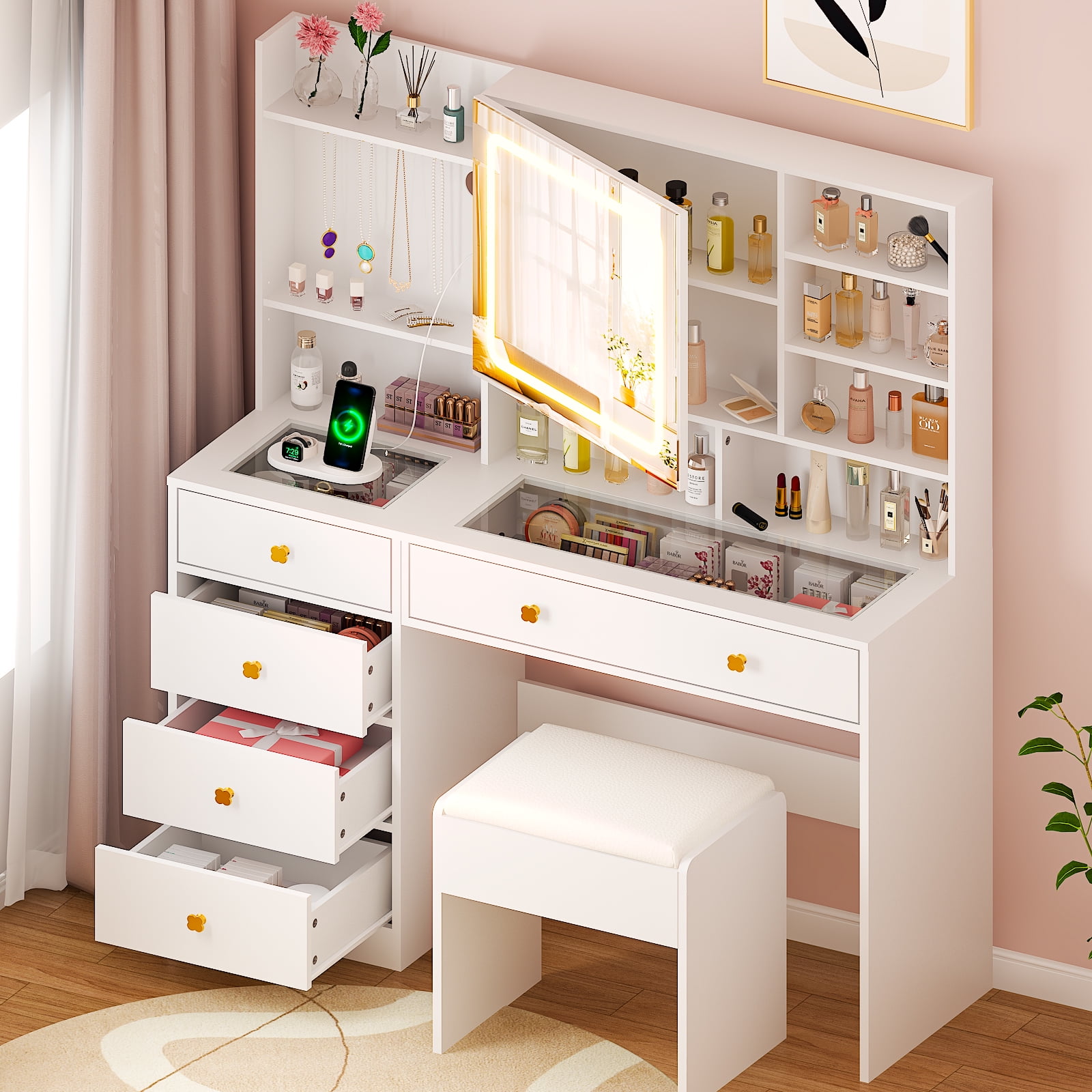 Ktaxon Large 47.2" Makeup Vanity with 3 Color Lights, Vanity Desk with USB Charging Station, Vanity Makeup Table with Visible Drawers, Hidden and Open Storage Shelves, White