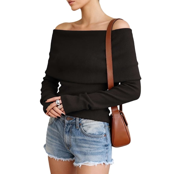 BadPiggies Women's Off The Shoulder Sweater Fashion Long Sleeve Tops Fall Winter Ribbed Pullover Knit Outfits (M, Black)