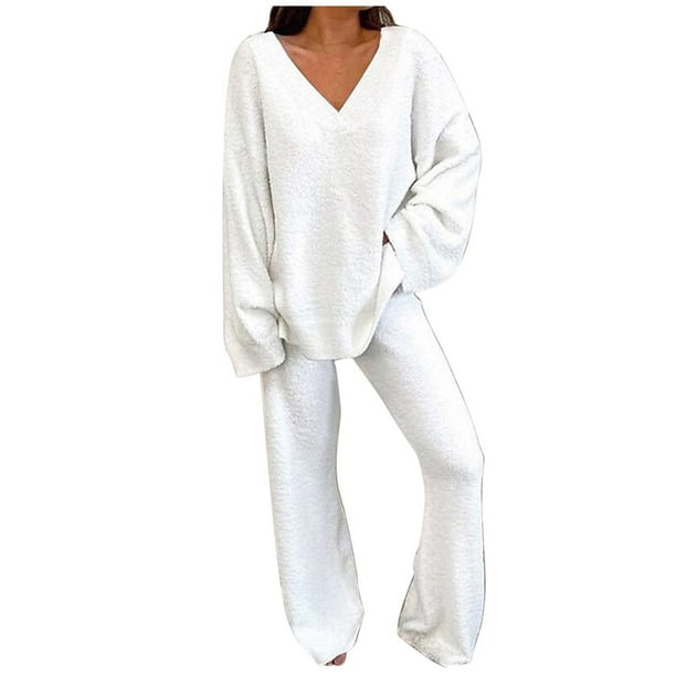 Conjunto de 2 piezas para mujer: jersey oversize con cuello en V y pantalones anchos, conjunto de ropa de estar por casa suave y elástico para otoño/invierno