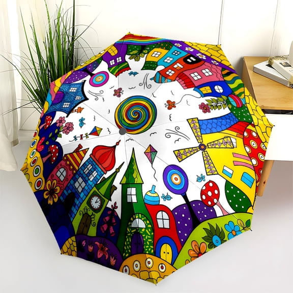 Cartoon Fairy-Tale House Print Automatic Folding Umbrella, Portable 8-Rib Windproof Rain Umbrella for Outdoor, Travel, and Daily Use