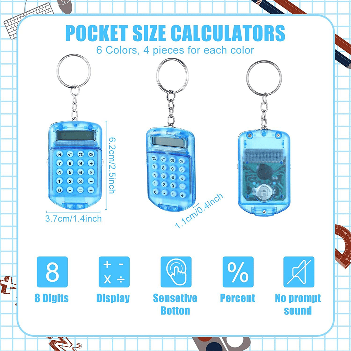 24 Pcs Pocket Calculator Key Ring Mini Clear Flip Portable Calculator 8 Digit Electronic Calculator