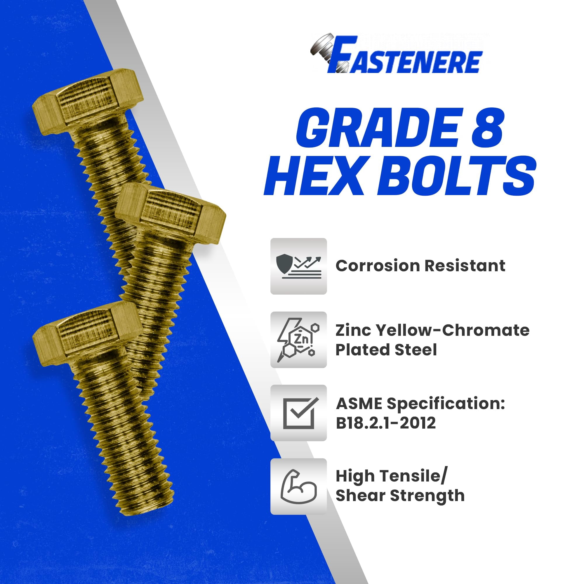 Fastenere 5/16"-24 x 1" Hex Bolts Grade 8 Zinc Yellow-Chromate Plated Steel, Fully Threaded Durable Hex Bolts for Machinery & Construction, Rust-Resistant, Heavy-Duty Fasteners, Pack of 25