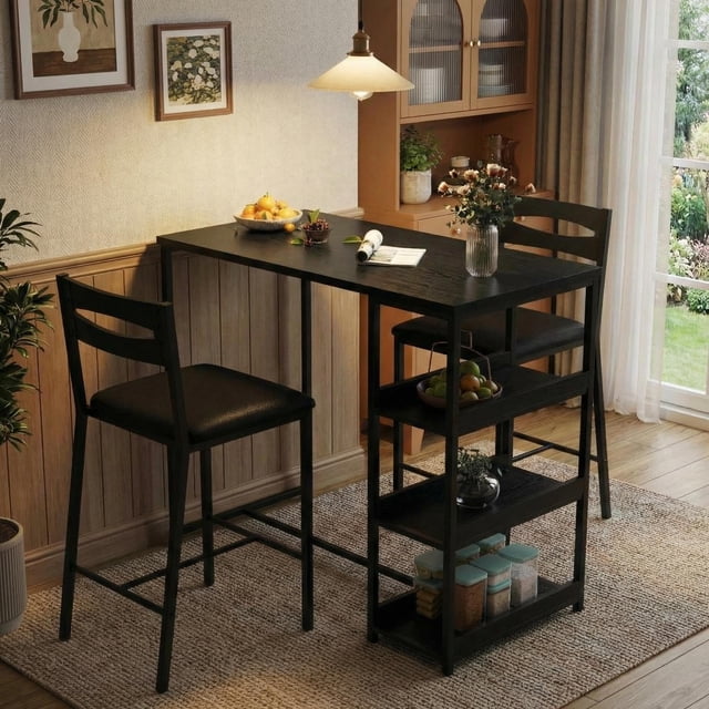 Kojooin 3-Piece Dining Table Set with Storage, Compact Kitchen Table and 2 PU Upholstered Chairs for Small Spaces
