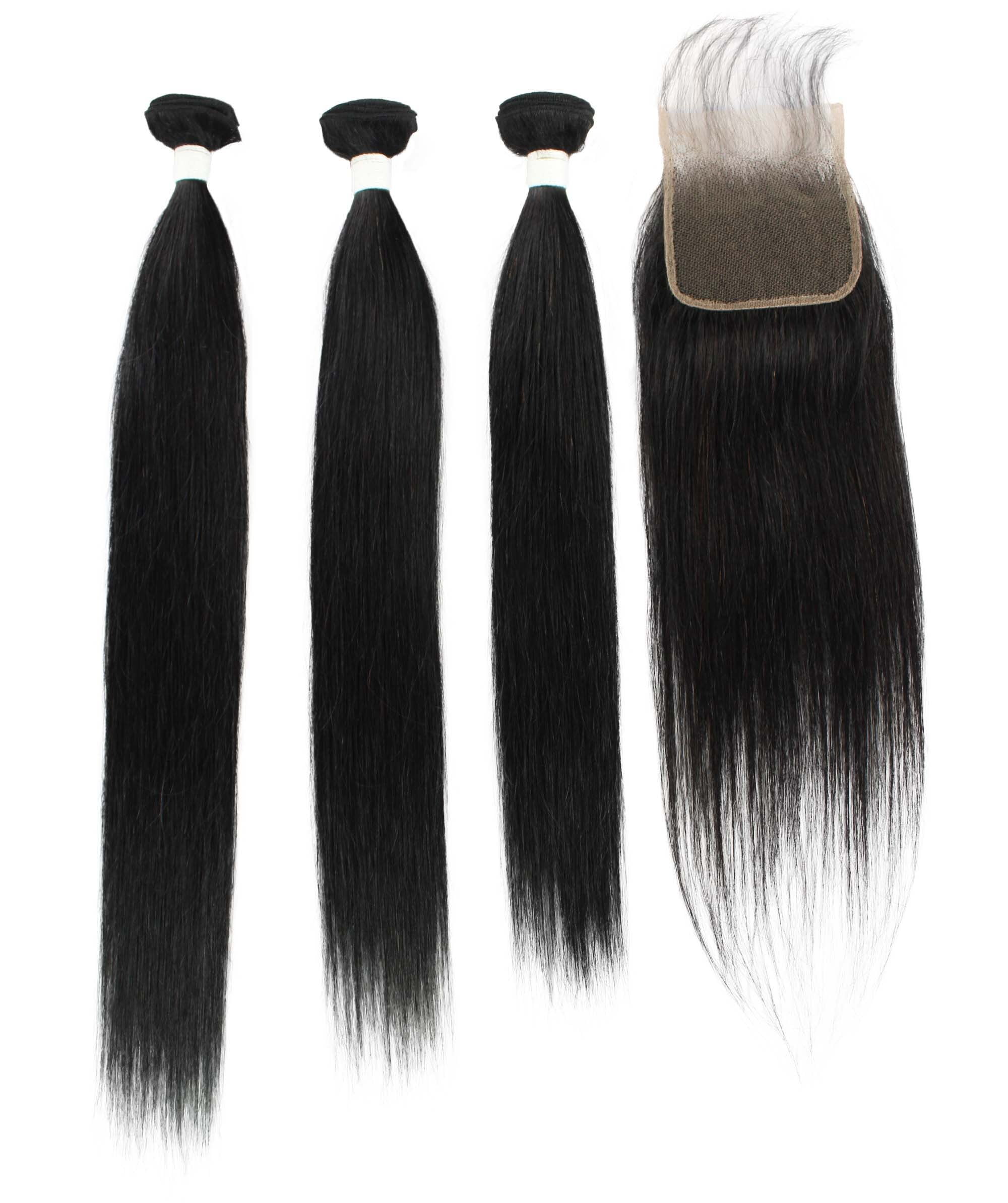 LUXLUXE Women Rico 100% Unprocessed A7 Grade Human Hair Bundle 10 Inches 101214 Lengths Free Part 4X4 Hand Tied Swiss Lace Closure