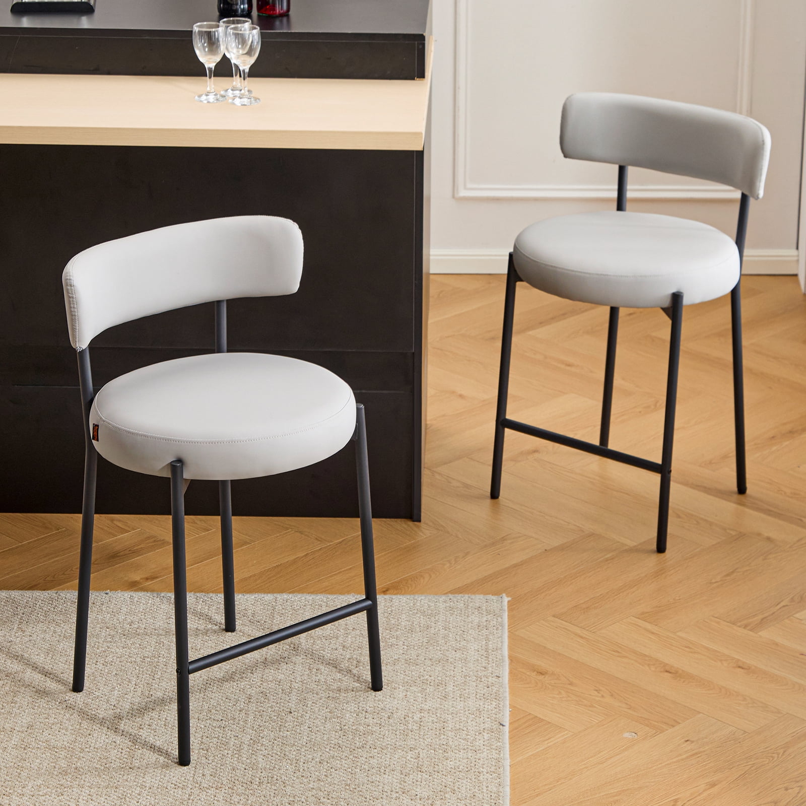 Furniliving Bar Stools Set of 2, Modern Counter Height Bar Stools with Back, Upholstered Bar Height Barstools for Kitchen Counter/Home Bar/Dining Room, Faux PU-Gray