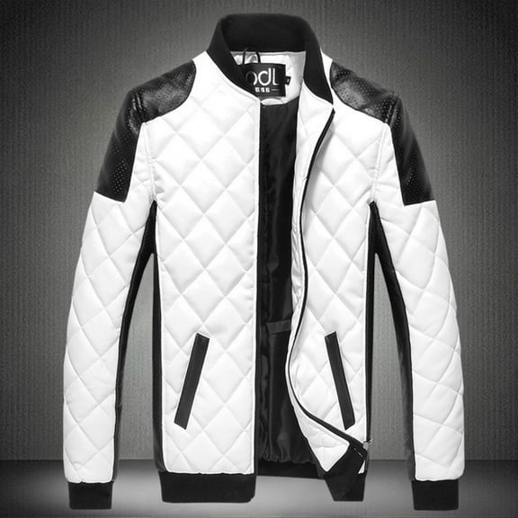 YODETEY Men Casual Color Matching Leather Stand-Up Collar Zipper Jacket Coats White 6(L)
