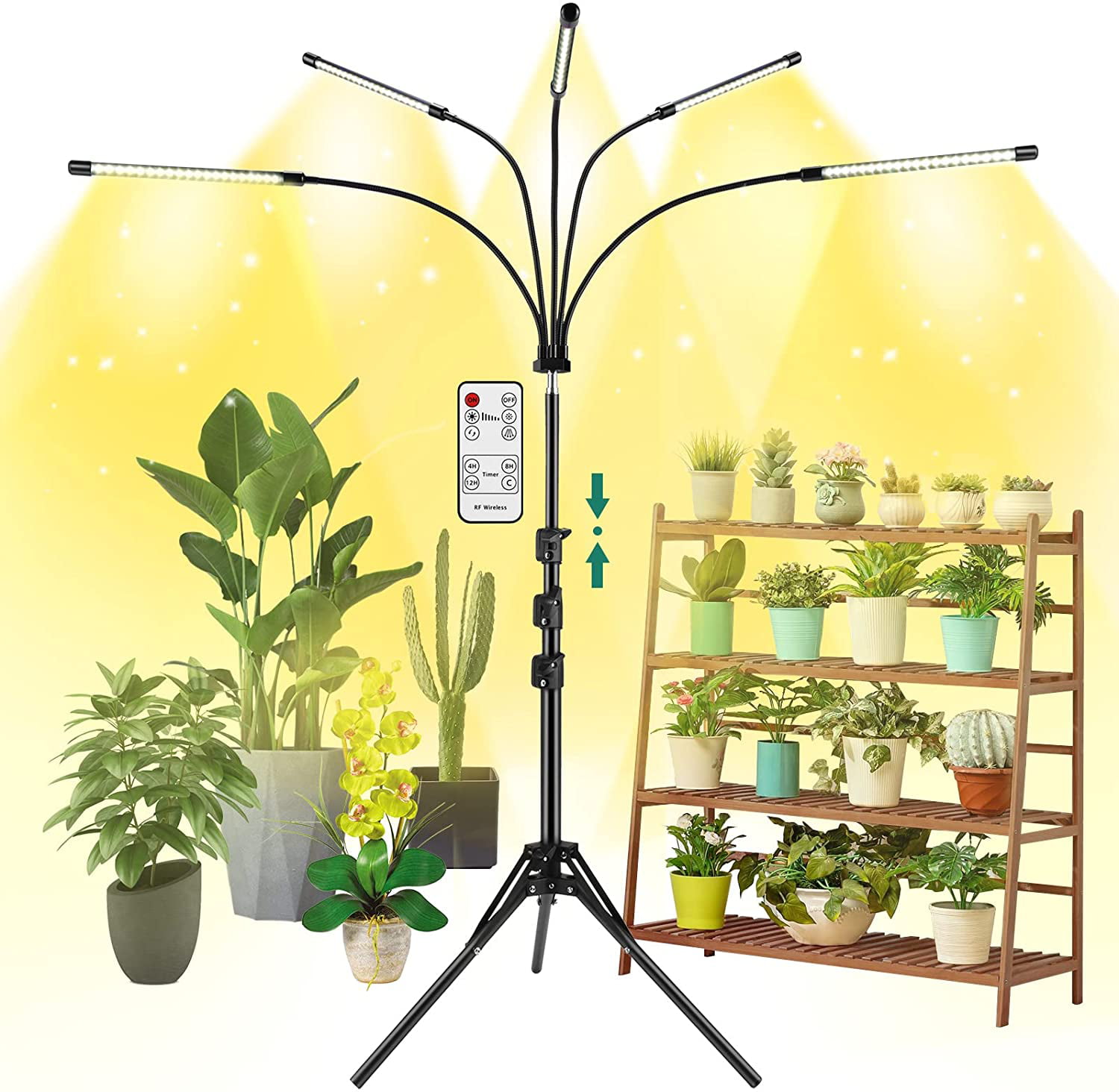 Floor-to-Floor Folding Tripod Plant Light 9 Levels of Adjustable Luminosity 3 Light Color Switch 4 Head 40W Full Spectrum Plant Grow Light with Remote Control 4/8/12 Hour Timer 