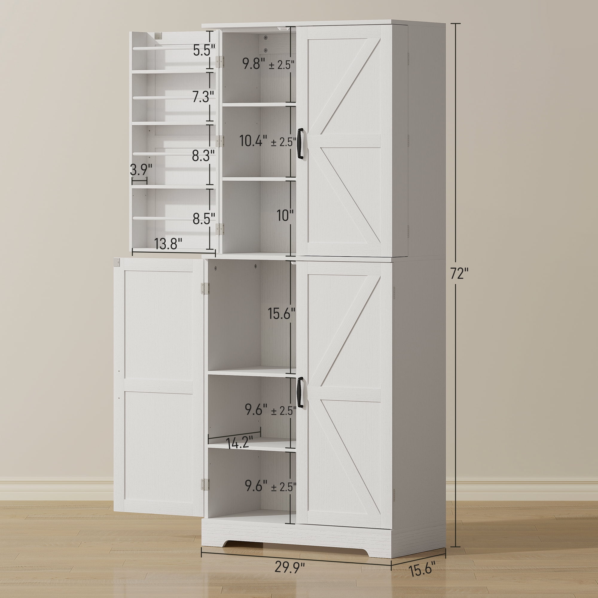 HOMCOM 72" Farmhouse Kitchen Pantry Cabinet, Tall Storage Cabinet with 4 Barn Doors, 4 Adjustable Shelves, 8 Door Shelves, Embossed White Wood Grain