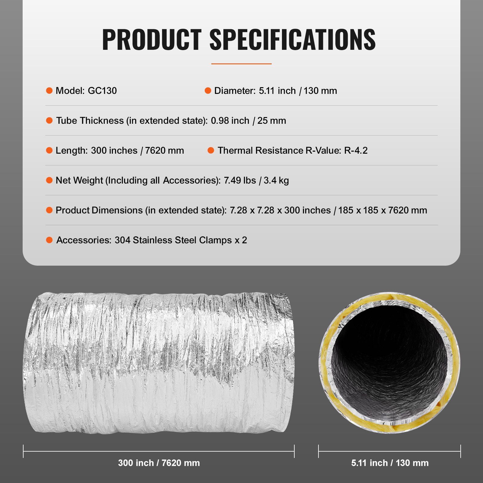 5'' x 25ft Insulated Dryer Vent Hose with 2 Clamps, Heavy-Duty 3-Layer HVAC Duct for Heating/Cooling Exhaust, R-4.2 Flame Resistant