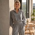 thumbnail image 4 of Szluipve 2 Piece Sets for Women Velour 2 Piece Tracksuit Half Zip Stand Collar Long Sleeve Top Elastic Waist Wide Leg Pants Casual Velvet Loungewear Outfit Gray L, 4 of 8