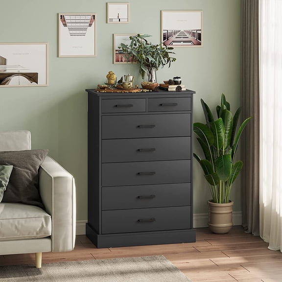 7 Drawer Dresser Chest of Drawers for Bedroom with Solid Bottom & “X” Steel Frame, Large Tall Dresser Storage Cabinet for Living Room, Black