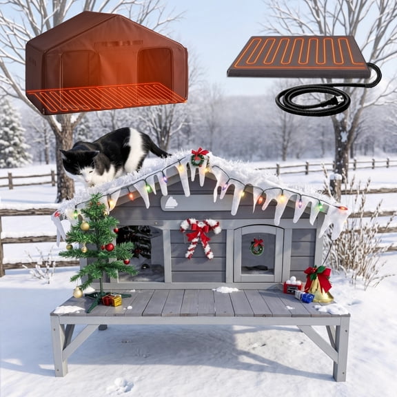Aivituvin Heated Cat House Outdoor Insulated Feral Cat Shelter with Heated Pad & Thermal Liner, Winter-Ready, Grey