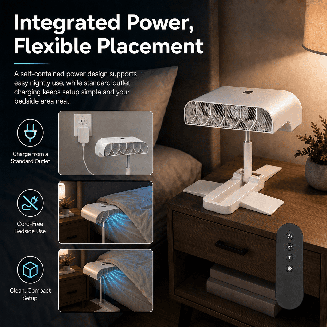 Breezel for Hot Sleepers, Breezel Bed Cooling Fan, Directed Airflow Conveyance with Adjustable Supports, Silent Operation with Cordless Power Supply and Five-Speed Adjustment, Ideal for Indoor