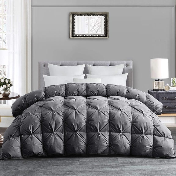 Feather and Down Comforter, Pinch Pleat Duvet Insert with Cotton Downproof Cover, Grey Fluffy Thick Comforter with Corner Tabs, Baffle Box Design