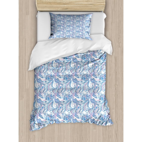 Abstract Duvet Cover Set Twin Size, Continuous Flourish Pastel Botany Inspired Curls, Decorative 2 Piece Bedding Set with 1 Pillow Sham, Multicolor, by Ambesonne