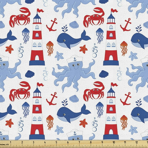 Ambesonne Lighthouse Fabric by the Yard Upholstery, Animal Pattern Shell, 1 Yard, Blue Red White