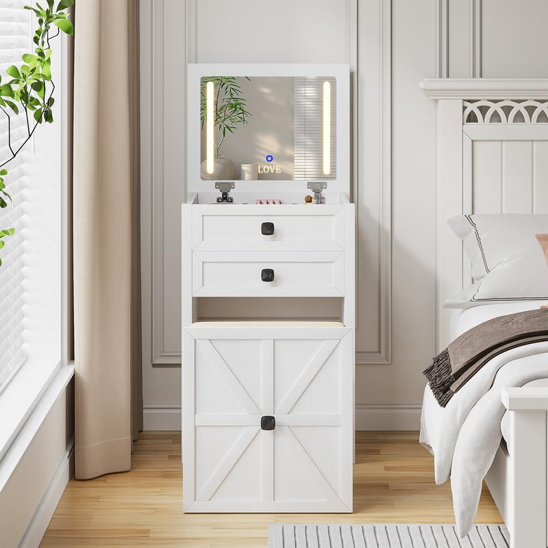 Miu Farmhouse 3 in 1 Vanity with Mirror, 3-Color Adjustable Lighting, Cushioned Stool for Bedroom Organization & Beauty Routines