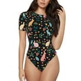 thumbnail image 2 of Goofa Cute Rabbit And Flower Printed Women Rash Guard Short Sleeve,Tummy control Swimsuit Surfing Swimsuit Bathing Suit One Piece Swimsuit UPF 50-Small, 2 of 9