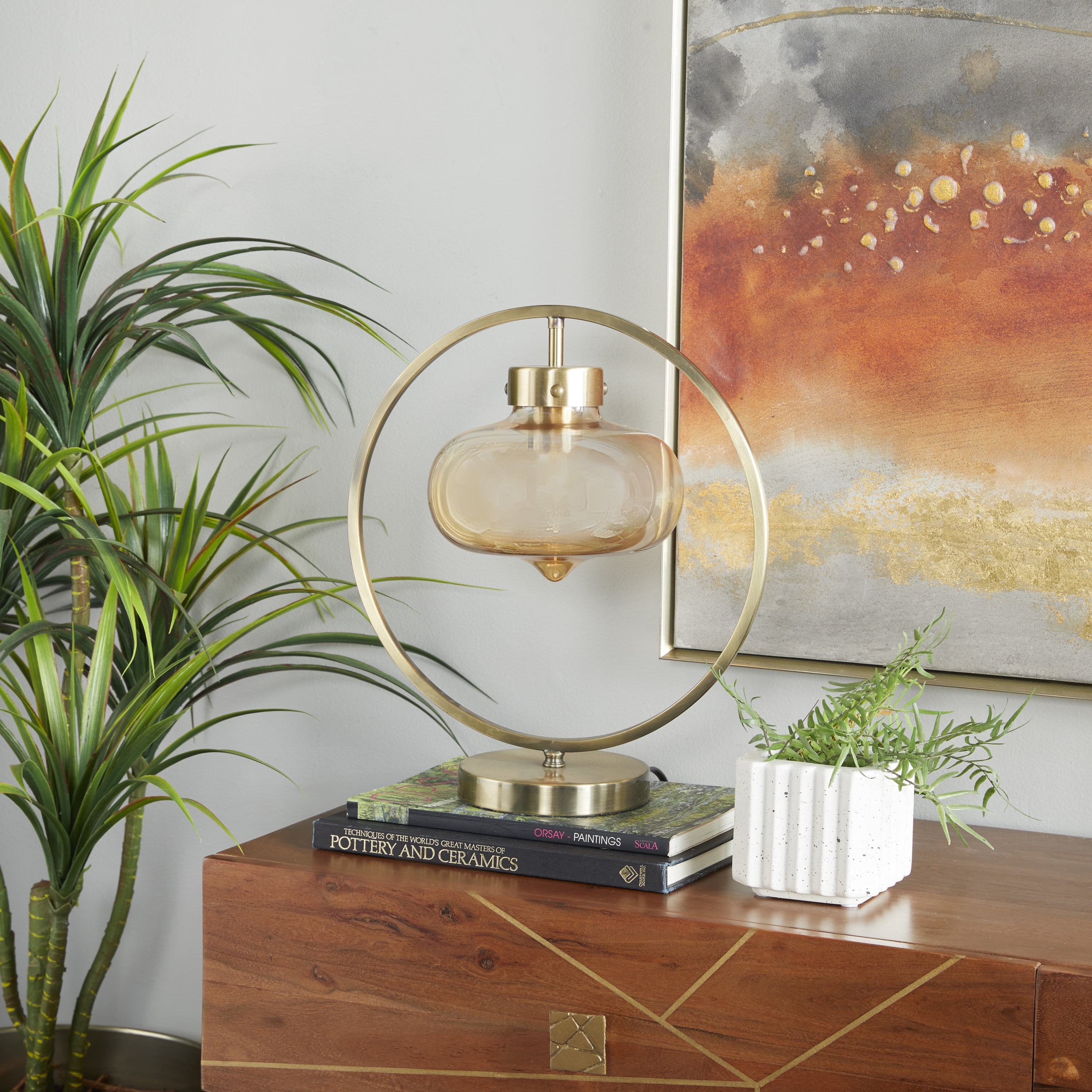 DecMode 15" Circular Framed Gold Accent Lamp with Clear Glass Shade