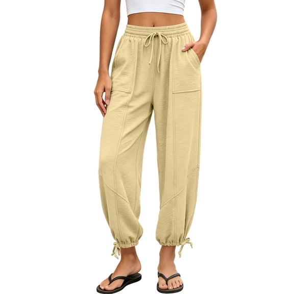 SuTry Womens Adjustable Ankle Tie Jogger Pants Drawstring Elastic High Waist Front Patch Pockets Daily Workout Sport Casual Wear Trousers