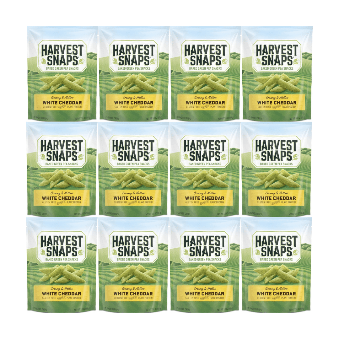 Harvest Snaps Baked Green Pea Snacks Veggie Chips – White Cheddar – Gluten Free Plant-Based Crunchy Snack – 3 oz Bags – 12 Count Bulk Pack