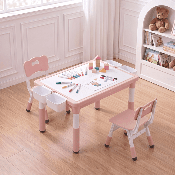 Arlopu Kids Table and 2 Chairs Set, Toddler Activity Table with Double-Sided Graffiti/Block Building Tabletop & 4 Drawers, Height Adjustable, Pink