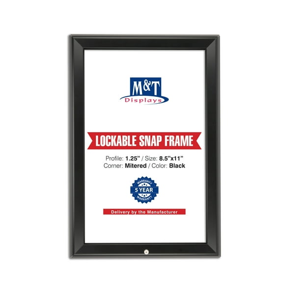 M&T Displays Lockable Snap Poster Frame 8.5x11 Inch Black 1.25" Aluminum Profile Front Loading Wall Mounting Photo Picture Document Certificate Sign Holder Mitered Corner Anti Glare Cover