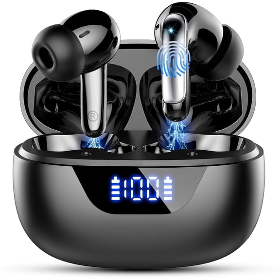 Wireless Earbuds, Bluetooth 5.4 Headphones, ENC Noise Cancelling Mic Ear buds with Stereo Bass, 48H Playtime Earphones , LED Display, IP7 Waterproof In Ear EarBuds for Phone Android iOS Sports, Black