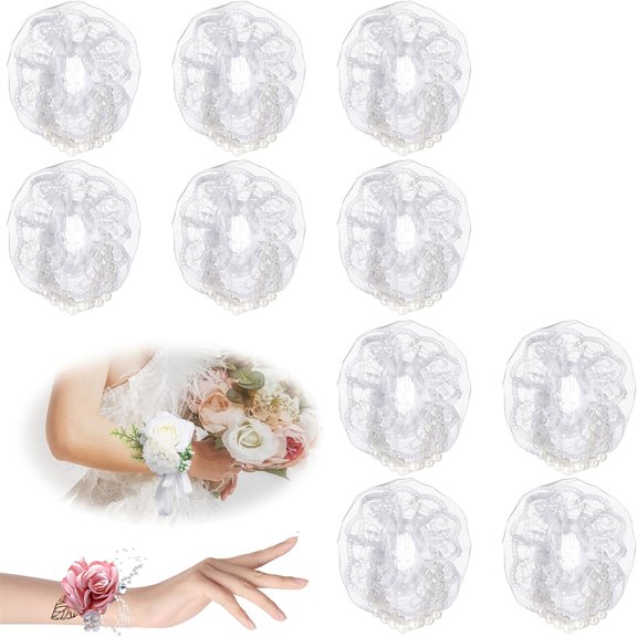 Tutuviw 10Pcs Elastic Pearl Wristband Corsage Bracelet,Elastic Stretch Wedding Wristband for Party Decorations,DIY Wrist Corsages Accessories for Bride Flowers Prom Beach Supplies (White Ribbon)