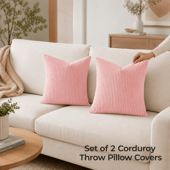 MORAVE 2 Pack Pink Corduroy Throw Pillow Covers, 18x18 Inch Soft Boho Pillow Cases, Decor for Sofa and Living Room