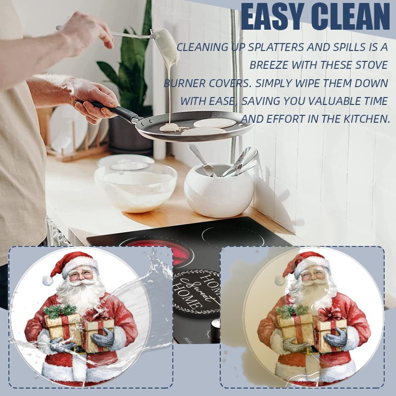Set of 4 Christmas Electric Range Burner Covers, Santa Claus with Two Xmas Presents Round Mental Gas Stove Burner Covers for Kitchen Holiday Decoration, 8 Inches and 10 Inches
