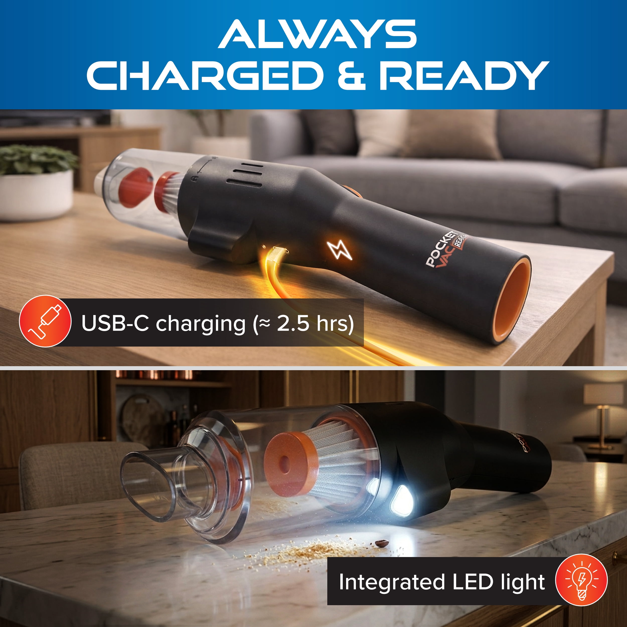 Pocket Vac Reach Cordless Handheld Vacuum & Blower with 3ft Telescoping Wand, USB Rechargeable, 8