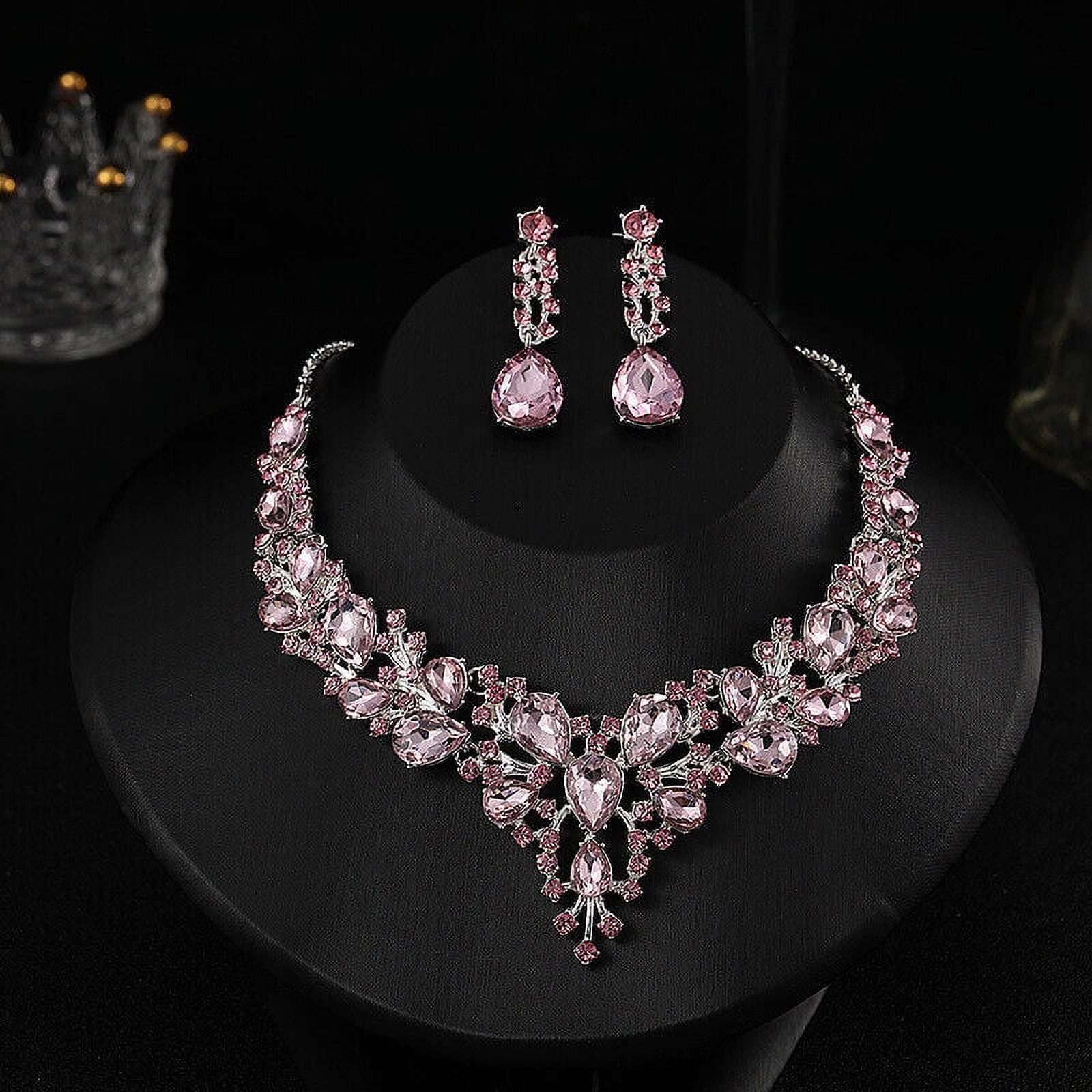 Bridal Wedding Rhinestone Crystal Cubic Necklace Earrings Jewelry Set Party, Women's, Size: One size, Pink