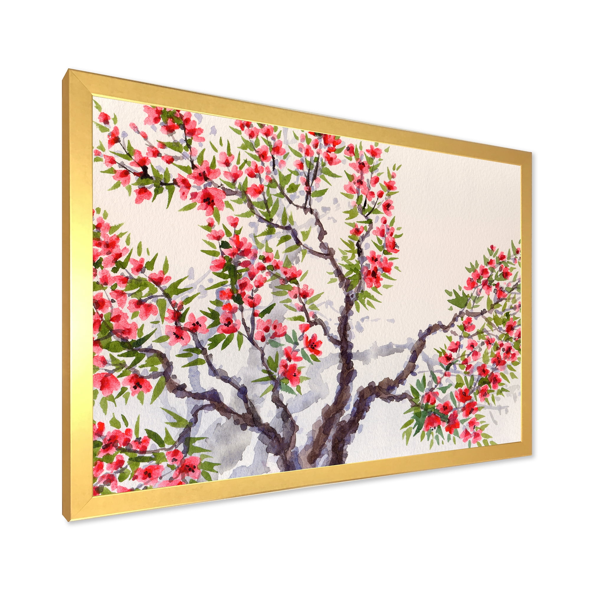 Red Flowers On The Spring Blossoming Tree II 40 in x 30 in Framed Painting Canvas Art Print, by Designart