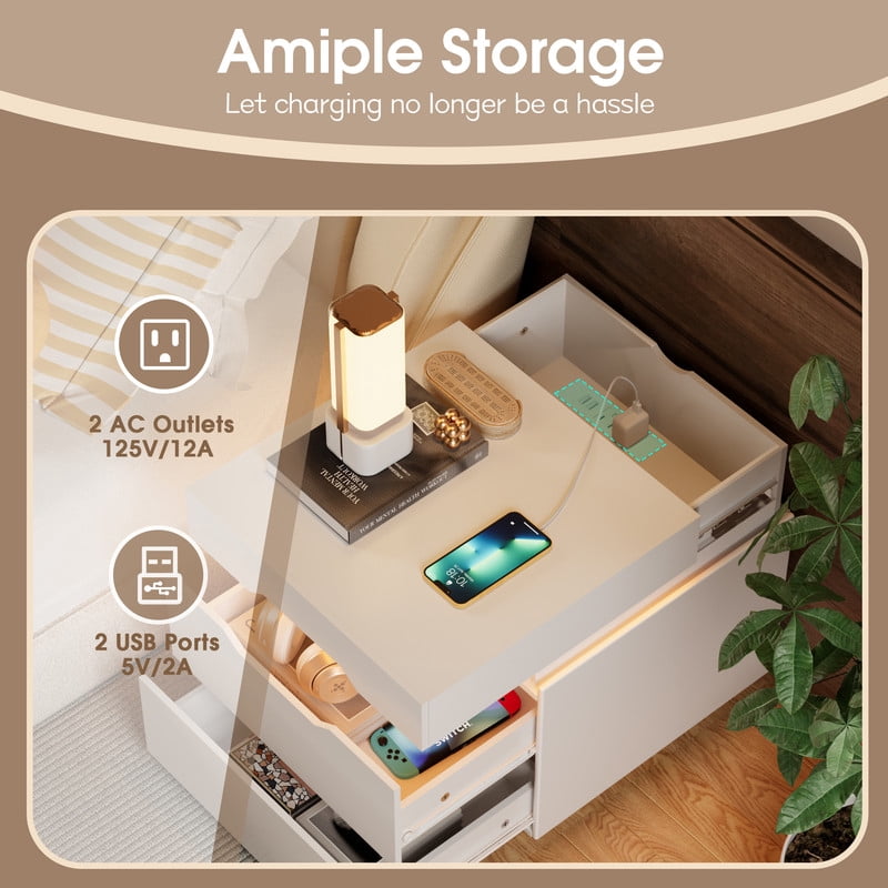 Vineego LED Nightstand with Charging Station, End Table Beside Table with 2 Drawers & Sliding Top for Bedroom Living Room,White