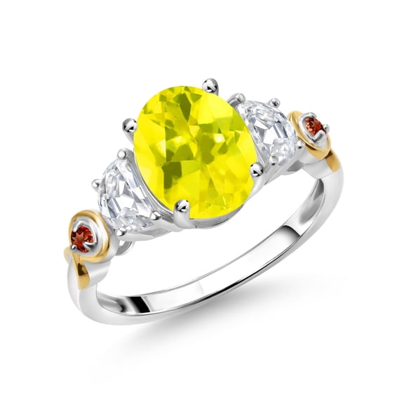 Gem Stone King 925 Silver and 10K Yellow Gold 3-Stone Ring Oval Canary Mystic Topaz and Moissanite (2.53 Cttw, Size 8)