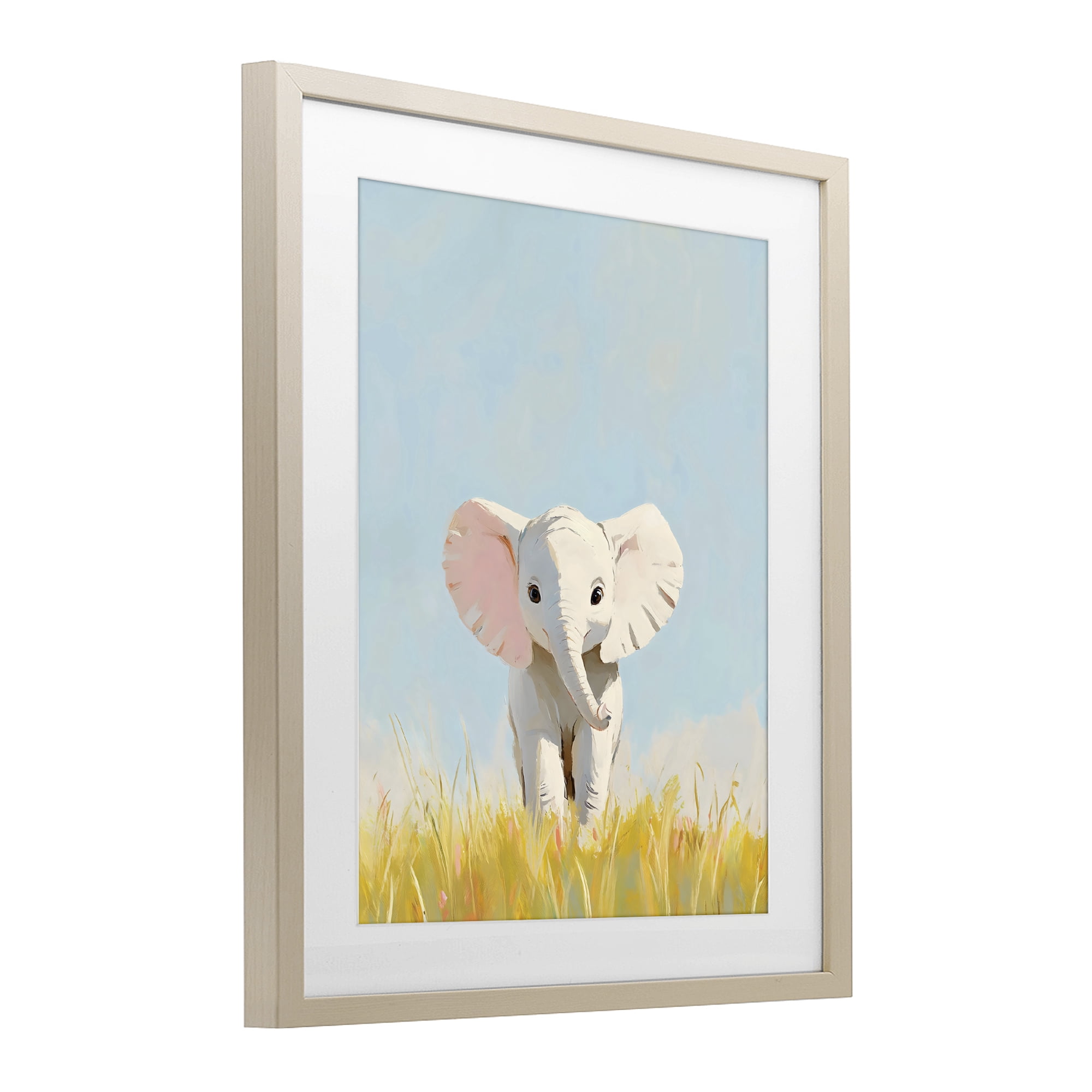 Stupell Industries White Baby Elephant in Grass Birch Framed Print Under Glass, design by The Prints Vibe