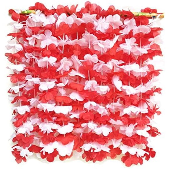 Red and White Flower Leis Tropical Hawaiian Luau Flower Necklace Christmas Party Favors,Pack of 12