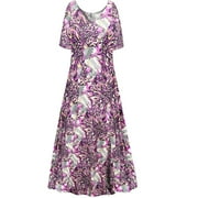 Large Petite Women Purple Dewdrop Short Sleeve High V-Neck Princess Cut Evening Dress