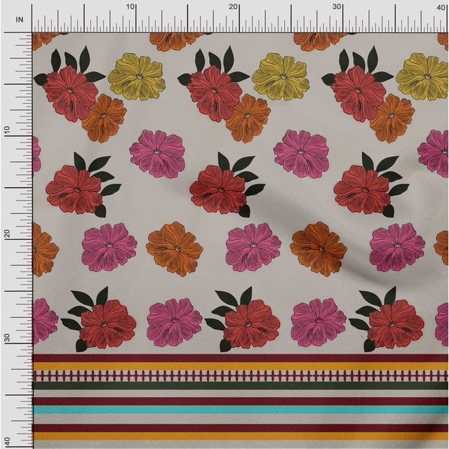 oneOone Polyester Lycra Fabric Stripe & Floral Panel Printed Craft Fabric BTY 56 Inch Wide