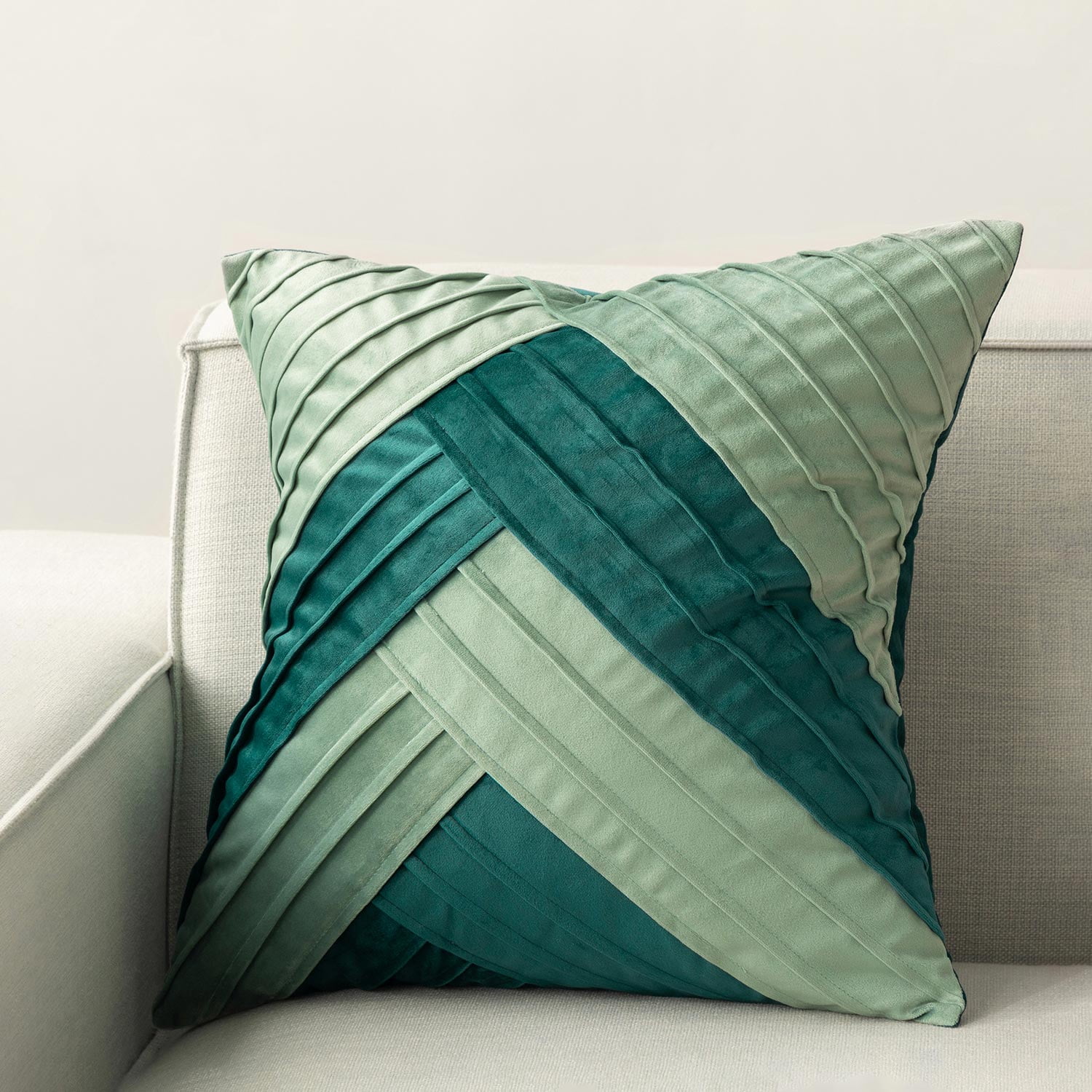 Phantoscope Pleated Velvet Geometric Throw Pillows, Chevron Patchwork Decorative Accent Pillows, Sage and Teal Green, 18 x 18 in, Set of 2