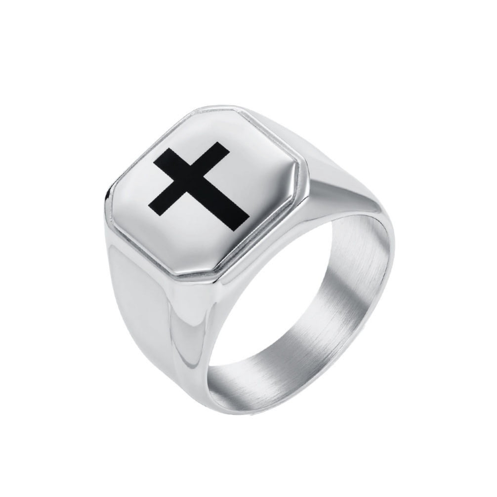 HIRPLIS Men's Square Cross Signet Rings Enamel Engraved Band Stainless Steel Religious Prayer Faith Simple Minimalist Statement Personalized Gift Jewelry Silver Plated 10