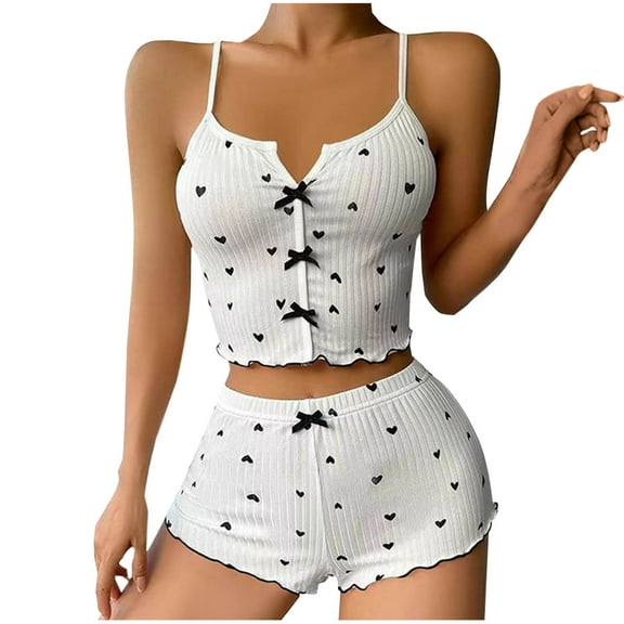 BLVB Pajama Sets for Women Sleepwear Heart Printed Bowknot Crop Cami Tops and Shorts Sets Pjs Loungewear
