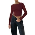 thumbnail image 2 of Women Y2K Long Sleeve Crop Tops Solid Color Round Neck Backless Basic T-shirt 90s Clothes, 2 of 6