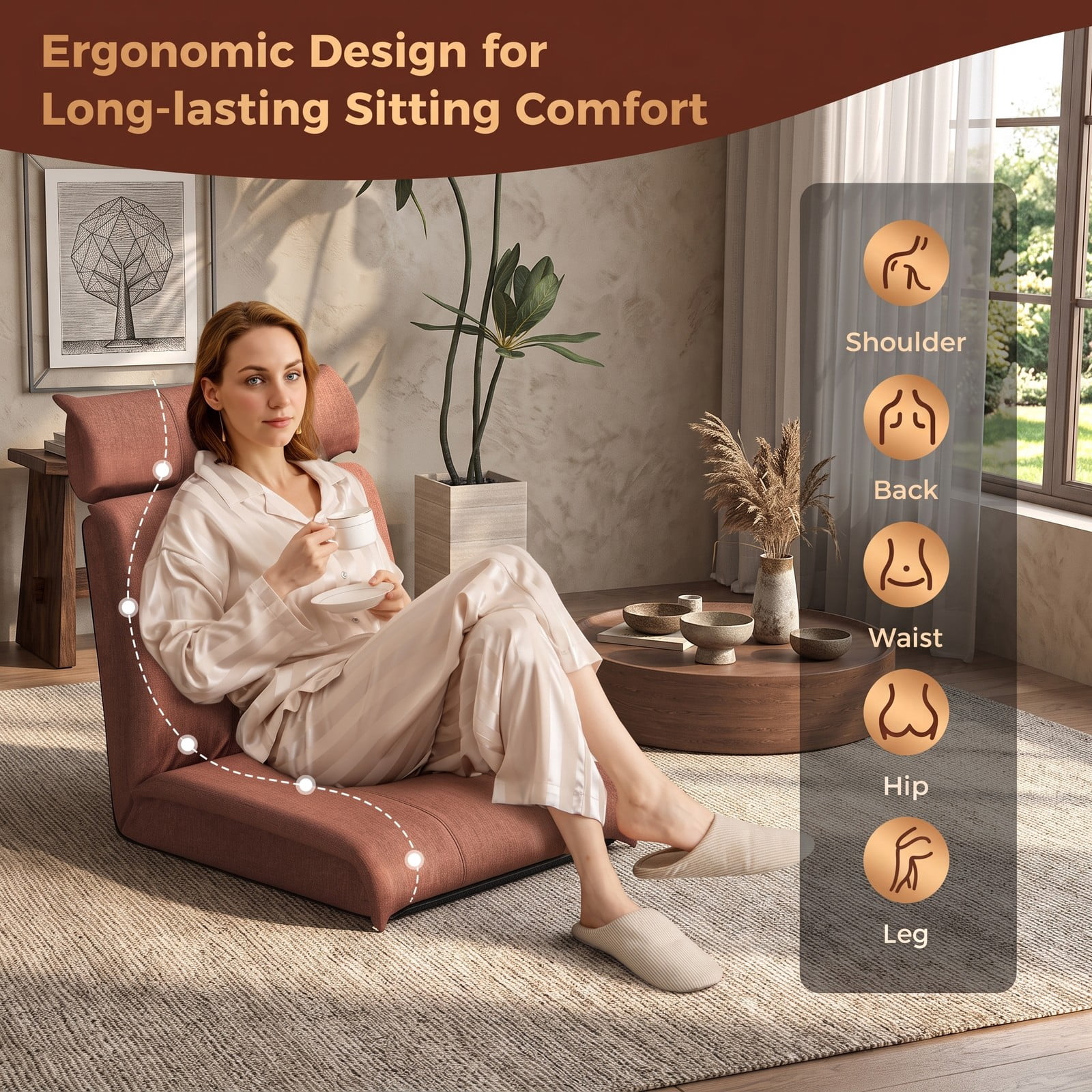 Furnibear Folding Floor Chair Lazy Sofa Lounger with 14-Position Adjustable Backrest and 5-Position Headrest, Linen Padded Recliner for Gaming Reading, Brown