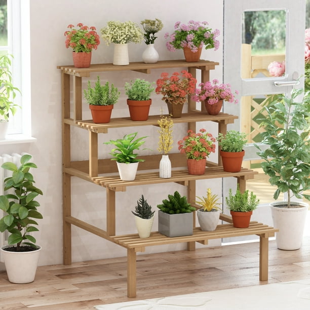 Solid Wood Plant Stand Garden Shelf, Wooden Wall Plant Pot Holder